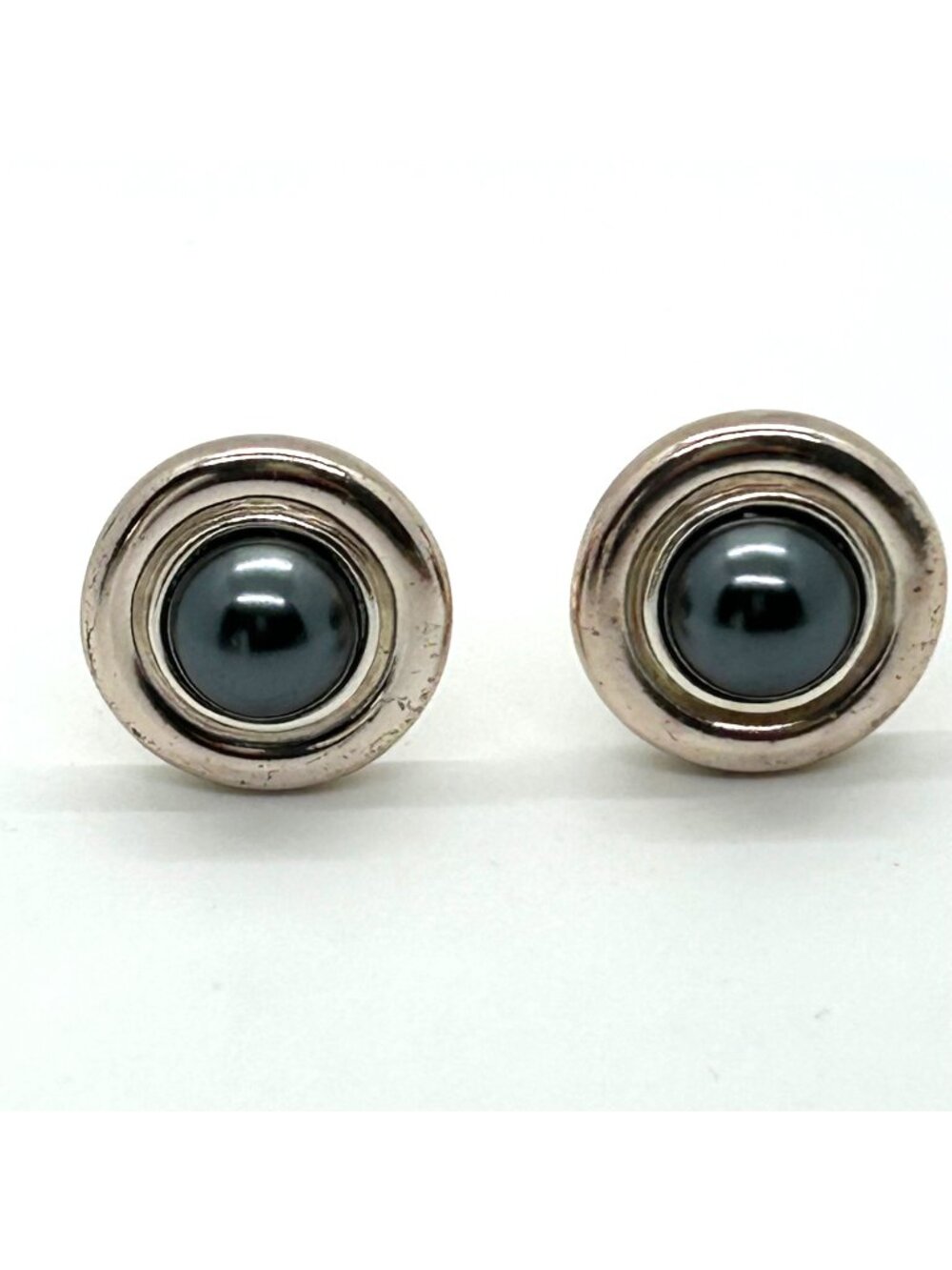 Vintage Carolee Clip-on Earrings Silver-tone Faux Black Pearl Button Modernist